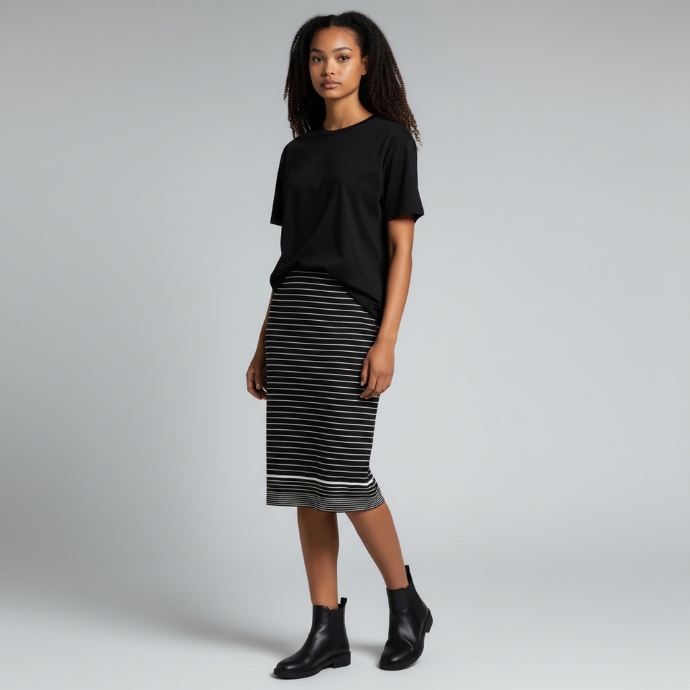 Max Studio Black White Striped Pencil Midi Skirt L